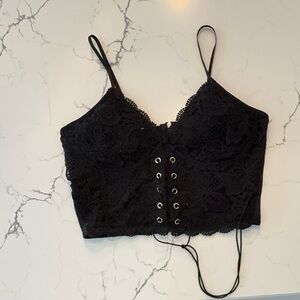 Black Lace Crop Top with Lace-Up Front